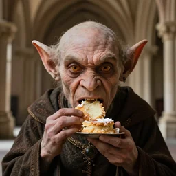 closeup portrait of a medieval goblin gargoyle eating cakes in the cloisters, depth of field, zeiss lens, detailed, symmetrical, centered, fashion photoshoot, by Annie Leibovitz and Steve McCurry, David Lazar, Jimmy Nelsson, Breathtaking, 8k resolution, extremely detailed, beautiful, establishing shot, artistic, hyperrealistic, beautiful face, octane render