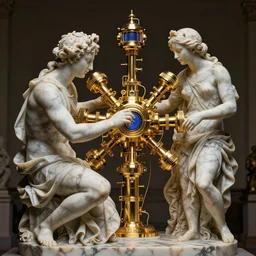 marble sculpture depicting a woman programming the samsara holy cluster, hi tech, cybernetic, dramatic lighting, digital photography, stunning, visionary, hyper realistic, beautiful, wow, gilt metal, rich marbles, by gian lorenzo bernini, by brecht evens, by jean delville, ultra detailed, sharp