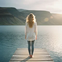 photograph of a beautiful!!! woman! from the back standing in a wooden pier in a lake by mark owen. icelandic mood. pastel colors. kodak portra 4 0 0 film!!. whirl bokeh!. mamiya 7. highly detailed. hq. photoreal. golden hour. lens flare. faded film. in - frame