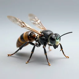 a macro closeup of the full body of a single robotic wasp. photorealistic. unreal engine render. highly detailed.