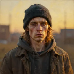 portrait of a starving ai artist by alan lee, golden hour, concept art, detailed clothing, beanie, artstation, detailed oil painting
