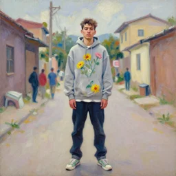 still from music video of liu wen from die antwoord standing in a township street, wearing a hoodie and flowers, street clothes, full figure portrait painting by martine johanna, ilya kuvshinov, rossdraws, pastel color palette, detailed impasto brushwork, impressionistic