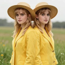 anya taylor - joy emma watson, symmetrical front view, blond fringe, straw hat, full body shot, yellow coat, meadow background, highly detailed, digital painting, artstation, concept art, sharp focus, illustration, art by aleksi briclot, raphael lacoste, magali villeneuve