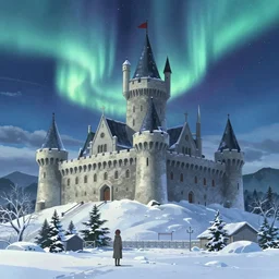 castle, northern lights, winter, makoto shinkai