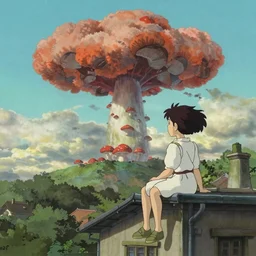a girl sitting on the roof of a building watching a mushroom cloud in the distance, art by hayao miyazaki, studio ghibli film,