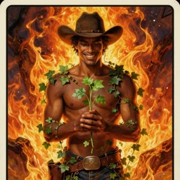 a beautiful dramatic epic ethereal symmetrical painting of a handsome (((smiling))) cowboy holding a green plant in his hands | he is dark skinned and shirtless and wearing a cowboy hat and is draped in ivy | background is an epic flames fire conflagration | tarot card, art deco, art nouveau | by Mark Maggiori | trending on artstation