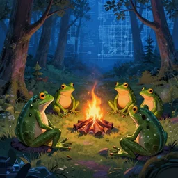 frog warriors relaxing around a bonfire, forest clearing, in the style of Greg Broadmore and Arthur Rackham,trending on artstation, light lighting side view,digital art,surrealism ,macro,blueprint ,vaporwave ,