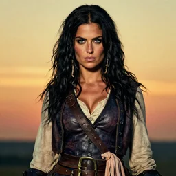 an award winning outdoors portrait photo of a silky hair tanned greek rallia christidou 1 7 0 0 s dirty caribbean italian olive tanned young pirate woman with black silk hair, slightly big nose defined jaw, very beautiful, smug face, blue eyes, wearing a vest and short coat, sunset, movie color graded