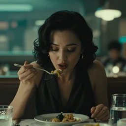 photo of a woman eating in a restaurant, neo - future, highly detailed environment, depressing, lonely, movie, movie screengrab, noir, soft green lighting, heavy film grain, hyper realistic, photorealistic, heavily detailed face, backlighting, elegant, in the style of wong kar - wai, 8 k, hyperrealism, beautiful composition