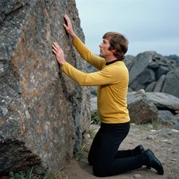 william shatner on his knees like he used to do in star trek, awkwardly humping against a rock, trying to make passionate love to the mountain, photo from the set of star trek 1970, 35mm television film