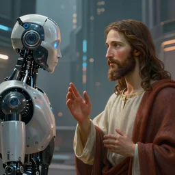 portrait of jesus talking to a robot with a robotic face in a futuristic city in the year 2 8 5 4, highly detailed, digital painting, artstation, 8 k