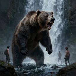 scary picture of a single giant grizzly bear roaring at 3 human near a waterfall, demonic, grimdark, dnd, extremely detailed, sharp focus, smooth, oil matte painting, concept art, by franzzeta, vaporwave style, chiaroscuro, trending on artstation!!!