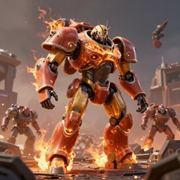a beautiful hyperrealistic detailed 3 d render of burning mechs in a far realm war, by anton otto fischer, atey ghailan, unreal engine, octane render, gigantic, 3 d, brilliantly coloured, intricate, ultra wide angle, trending on artstation, volumetric lighting, hdr, polished, micro details, ray tracing, 4 k