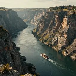 lonely frigate sailing a high cliffed river, exquisite, volumetric lighting, 8 k octane beautifully detailed render, post - processing, extremely hyper - detailed, intricate, epic composition, cinematic lighting, masterpiece, trending on artstation, stunning art by andrey surnov, by eugene louis boudin, beautiful cinematic light