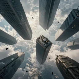 pieces of giant skyscrapers suspended in air, falling from sky, with debris and destruction falling from sky, mid air, debris flying around