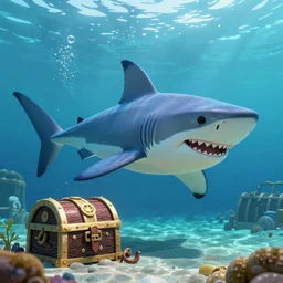 a shark smiling underwater with a pirate treasure nearby by greg rutkowski and thomas kinkade, trending on artstation, 3 d render octane