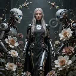 the cyborg priestess surrounded by mechanical flowers, Dan Mumford