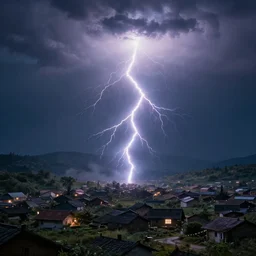 a sky god casting lightning down upon a village