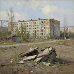 painting by jakub rozalski of abandoned post soviet city