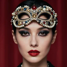 an 8 0 s close up portrait of a woman with dark eye shadow and red lips with dark slicked back hair, a mask of beads and jewels hanging from a crown by serge lutens, rolf armstrong, delphin enjolras, peter elson, background of classic red cloth