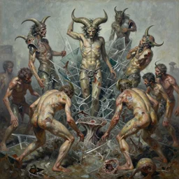 oil paint of flayed god machines, cluster battle, glass chaos, bicornate fungal pit, trash patina sheen rotting, by alberto bontempi, alex ross, shigeru komatsuzaki, wayne d barlowe, alex ross, stefano tamburini, simon bisley & boris vallejo, enric torres, hyper realism, narrative light, muted colors, epic,