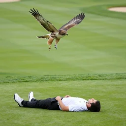 on a golf course a hawk flies above a man who is lying on the floor with a golf club in his hand and pool of red liquid flows from his head by emile friant