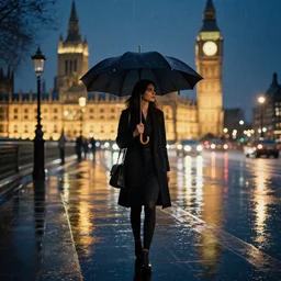 of london in the night in the rain with city reflections and a beautiful women with an umbrella artistic digital art lots of detail cinematic uplighting