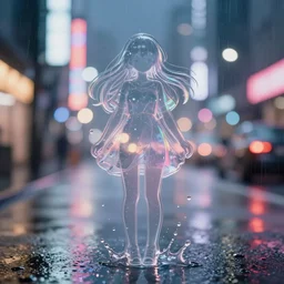 digital anime art, transparent shape of a girl in the rain, city streets, neon lights, 35mm lense, refractive lighting. gaussian blur rim lights. water splashes