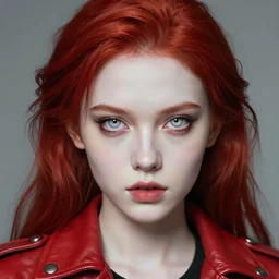 head and shoulders photo of a young girl in a red leather jacket, pale skin, piercing pale eyes, red hair, vibrant color, steampunk, high detail, masterpiece by craig mullins, ruan jia, peter mohrbacher