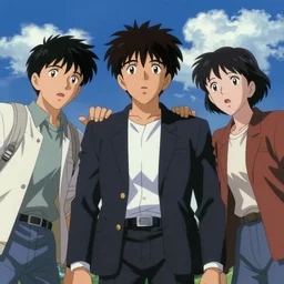 Men look up at the sky, frightened, Scenes from TOHO-MAN(2000)
