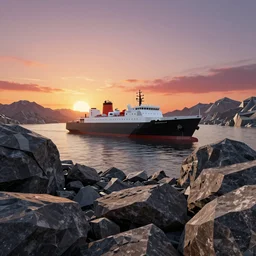 super detailed color lowpoly art, northern sunset with rocks on front, monochrome photorealistic bay in the middle of perspective and mountains at background, big graphic vessel, unreal engine, high contrast color palette, 3 d render, lowpoly, colorful, digital art, perspective, full volume composition, robb cobb, robert mccall, syd mead