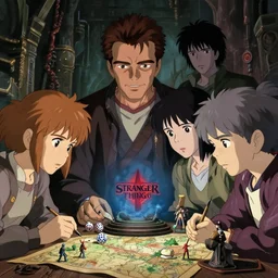 film still stranger thing, 4 ppl : schwarzenegger, beckinsale, charlize theron, lawther playing dnd, gm screen, dices, map and miniatures, finely detailed features, closeup at the faces, perfect art, at an ancient city, gapmoe yandere grimdark, trending on pixiv fanbox, painted makoto shinkai takashi takeuchi studio ghibli, akihiko yoshida