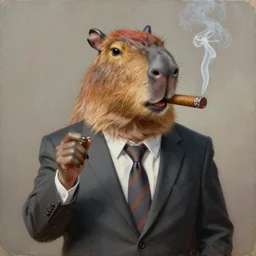 a painting of an antropomorphic capybara wearing a business suit and smoking a cigar in his mouth