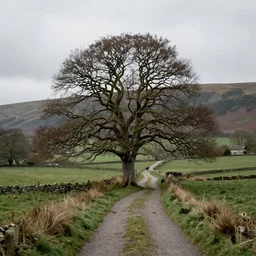 A lonesome Ash tree, watching over the path to Kentmere Hall, photo realistic, highly detailed, trending on artstation, ultra realistic, octane render.