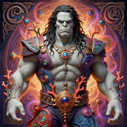 portrait of ozzy osbourne as the hulk, hyperdetailed illustration by irakli nadar and alexandre ferra, volumetric lighting, celtic fantasy art, psychedelic, intricate, hyper detailed, smooth, vibrant aura, intricate linework, white porcelain skin, faberge, coral