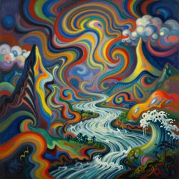 An insane, modernist landscape painting. Wild energy patterns rippling in all directions. Curves, organic, zig-zags. Mountains, clouds. Rushing water. Waves. Psychedelic dream world. Odilon Redon. Agnes Pelton. Peter Max.