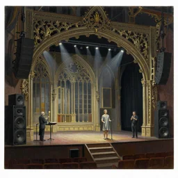 ornate gothic performace stage with lights and large sound speaksers, by Megan Duncanson and Raphael Lacoste, detailed 3d gothic oil painting