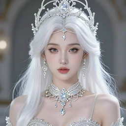 portrait of radiant princess with white hair, ornate and intricate diamond jewelry, white accent lighting, 4 k octane render