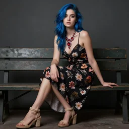 dslr photo of a pretty young woman, full bodied portrait, with blue hair, sitting on a bench wearing a flower skirt, and body and wearing hemp sandals and a very detailed ruby necklace around neck, artgerm, artstation, very high quality face, intricate details, extremely high quality, moody lighting, real camera, real photo, 8 k, full subject in shot