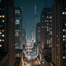 Close-up view of an oppressive metropolis at night, sci fi imperial russian city with narrow streets, tall brutalist architecture buildings, city lights spilling upwards above the top of the buildings, digital art,
