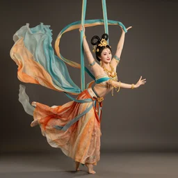 full body portrait of a dancer doing chinese ribbon dance, feet, barefoot, full body, vivacious, extremely beautiful, gold jewelry, hanfu, ribbon dance, aerial silk, large flying ribbons, ming dynasty, detailed, realistic face, anatomically accurate, fantasy art, wlop.