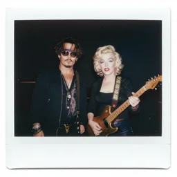 A photorealistic polaroid image of Johnny Depp and Marilyn Manson performing together in a band. Trending on Artstation, featured on Behance, well-rendered, intricate, highly detailed, very crispy, Unreal Engine, 4K HD