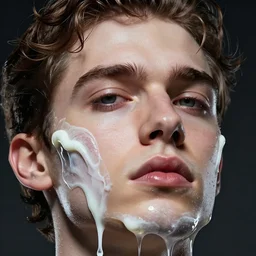 extreme close - up of gorgeous hyperrealistic male head melts like ice cream, digital art masterpiece, highly detailed neo pop surrealism, jason limon kay sage hannah yata, dramatic lighting, low angle, uhd 8 k, sharp focus