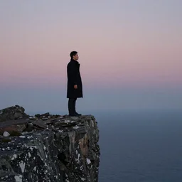 a man wearing a long black coat standing on the edge of a cliff, dusk, art by Craig Mullins