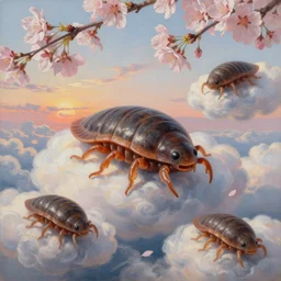 4 k film still of a 🌸🌸🌸🎎 tardigrade floating among the clouds during sunset, very detailed, oil on canvas, photorealistic, realism, unreal engine, a tardigrade by gerard brom and gustav dorey