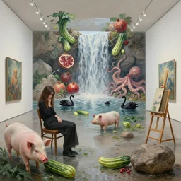 painting of a flooded modern art gallery and a tall emo girl, chairs, stone boulder, easel, art gallery interior, pigs, courgette, waterfall, hedonistic, organic, pomegranates, octopus, zen, black swans, courgettes, berries, surrealist, by magritte and monet