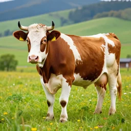 highly detailed photo of a cow standing in a beautiful meadow, scenic colorful environment, hyperrealistic illustration by steven rhodes