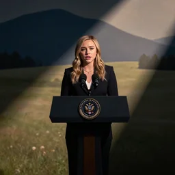 Chloë Grace Moretz as President of the United States, giving a speech