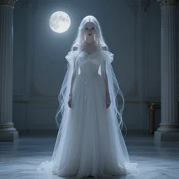 the princess stands in the middle of the room, pale and thin. Her hair is so fine and light that it seems almost invisible in the pale moonlight. Her beauty is unreal, impossible