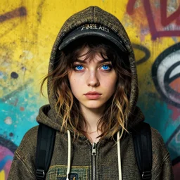 highly detailed portrait of a sewer punk lady student, blue eyes, harris tweed hoody, hat, wavy hair by atey ghailan, by greg rutkowski, by greg, tocchini, by james gilleard, by joe fenton, by kaethe butcher, gradient yellow, black, brown and cyan color scheme, grunge aesthetic!!! ( ( graffiti tag wall background ) )